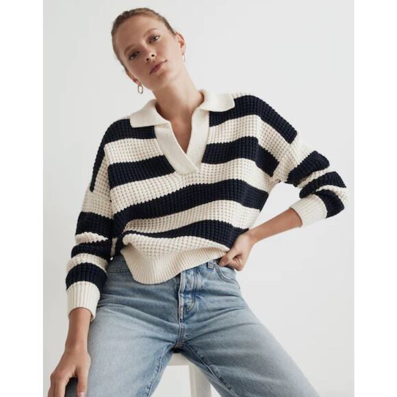 Madewell Sweaters - Madewell striped waffle-knit Henley sweater polo collar, size large, MSRP $118